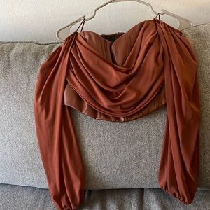 Brown faux leather crop top with sheer sleeves- size Medium